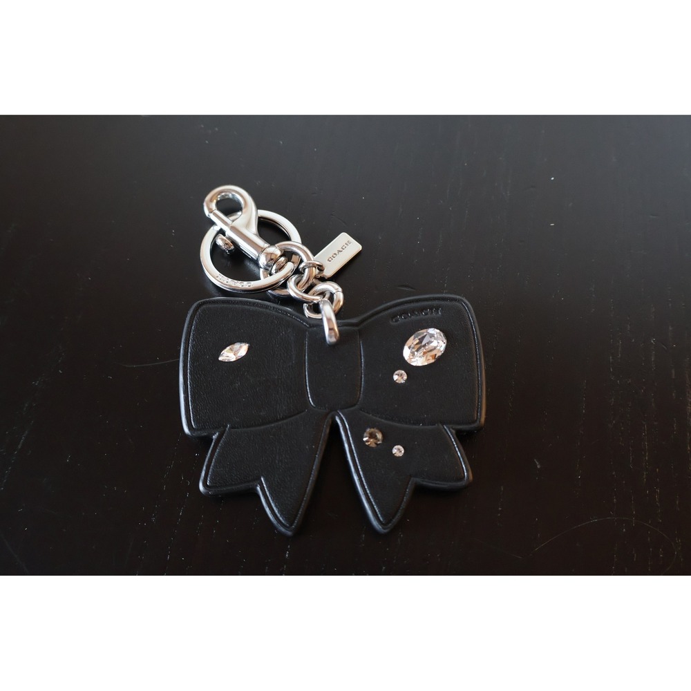 Coach Bow Bag Charm With Gems CZ171 Black Leather Crystal Keychain
